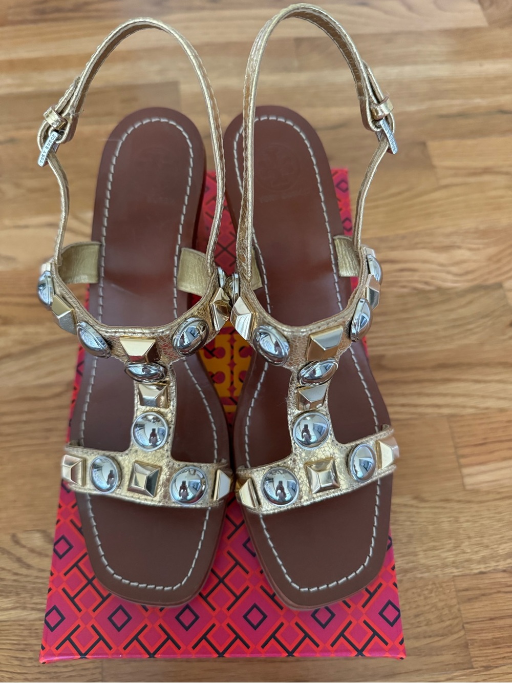 Tory Burch- Gold Embellished Women's T-Strap Sandals